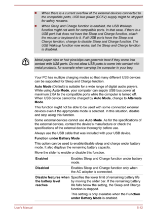 Page 101When there is a current overflow of the external devices connected to
the compatible ports, USB bus power (DC5V) supply might be stopped
for safety reasons.
When Sleep and Charge function is enabled, the USB Wakeup
function might not work for compatible ports. In that case, if there is a USB port that does not have the Sleep and Charge function, attach the mouse or keyboard to it. If all USB ports have the Sleep and
Charge function, change to disable Sleep and Charge function. The
USB Wakeup function now...