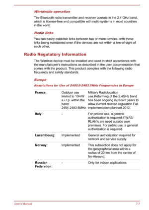 Page 128Worldwide operation
The Bluetooth radio transmitter and receiver operate in the 2.4 GHz band,which is license-free and compatible with radio systems in most countriesin the world.
Radio links
You can easily establish links between two or more devices, with theselinks being maintained even if the devices are not within a line-of-sight of each other.
Radio Regulatory Information The Wireless device must be installed and used in strict accordance with
the manufacturer’s instructions as described in the user...