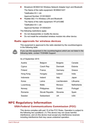 Page 134Broadcom BCM43142 Wireless Network Adapter b/g/n and Bluetooth
The Name of the radio equipment: BCM943142Y
Telefication B.V. Ltd.
Approval Number: D135106201
Realtek 802.11n Wireless LAN and Bluetooth
The Name of the radio equipment: RTL8723BE
Telefication B.V. Ltd.
Approval Number: D135042201
The following restrictions apply:
Do not disassemble or modify the device.
Do not install the embedded wireless module into other device.
Radio approvals for wireless devices This equipment is approved to the radio...