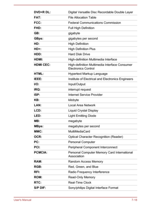 Page 139DVD+R DL:Digital Versatile Disc Recordable Double LayerFAT:File Allocation TableFCC:Federal Communications CommissionFHD:Full High DefinitionGB:gigabyteGBps:gigabytes per secondHD:High DefinitionHD+:High Definition PlusHDD:Hard Disk DriveHDMI:High-definition Multimedia InterfaceHDMI CEC:High-definition Multimedia Interface Consumer
Electronics ControlHTML:Hypertext Markup LanguageIEEE:Institute of Electrical and Electronics EngineersI/O:Input/OutputIRQ:interrupt requestISP:Internet Service...