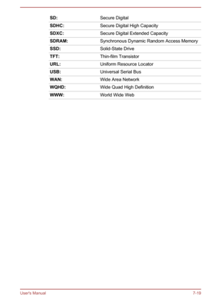 Page 140SD:Secure DigitalSDHC:Secure Digital High CapacitySDXC:Secure Digital Extended CapacitySDRAM:Synchronous Dynamic Random Access MemorySSD:Solid-State DriveTFT:Thin-film TransistorURL:Uniform Resource LocatorUSB:Universal Serial BusWAN:Wide Area NetworkWQHD:Wide Quad High DefinitionWWW:World Wide Web
User's Manual7-19 