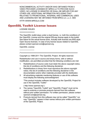 Page 12NONCOMMERCIAL ACTIVITY AND/OR WAS OBTAINED FROM AVIDEO PROVIDER LICENSED BY MPEG LA TO PROVIDE SUCHVIDEO. NO LICENSE IS GRANTED OR SHALL BE IMPLIED FOR ANY
OTHER USE. ADDITIONAL INFORMATION INCLUDING THAT
RELATING TO PROMOTIONAL, INTERNAL AND COMMERCIAL USES
AND LICENSING MAY BE OBTAINED FROM MPEG LA, L.L.C. SEE
HTTP://WWW.MPEGLA.COM
OpenSSL Toolkit License Issues LICENSE ISSUES
==============
The OpenSSL toolkit stays under a dual license, i.e. both the conditions of
the OpenSSL License and the original...