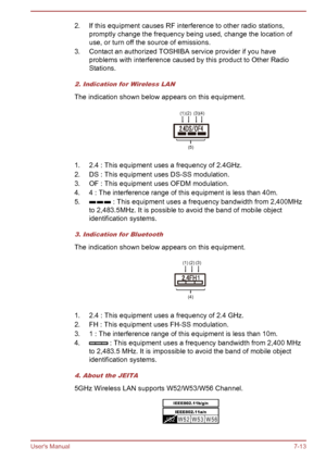 Page 1232. If this equipment causes RF interference to other radio stations,promptly change the frequency being used, change the location of
use, or turn off the source of emissions.
3. Contact an authorized TOSHIBA service provider if you have problems with interference caused by this product to Other Radio
Stations.
2. Indication for Wireless LAN
The indication shown below appears on this equipment.
1. 2.4 : This equipment uses a frequency of 2.4GHz.
2. DS : This equipment uses DS-SS modulation.
3. OF : This...