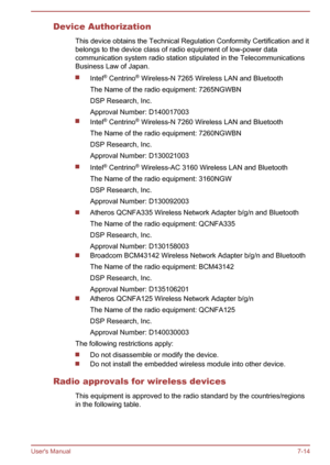 Page 124Device AuthorizationThis device obtains the Technical Regulation Conformity Certification and it
belongs to the device class of radio equipment of low-power data
communication system radio station stipulated in the Telecommunications Business Law of Japan.
Intel ®
 Centrino ®
 Wireless-N 7265 Wireless LAN and Bluetooth
The Name of the radio equipment: 7265NGWBN
DSP Research, Inc.
Approval Number: D140017003
Intel ®
 Centrino ®
 Wireless-N 7260 Wireless LAN and Bluetooth
The Name of the radio equipment:...