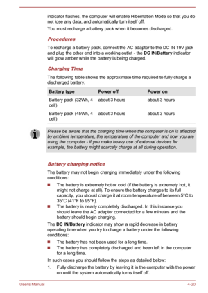 Page 67indicator flashes, the computer will enable Hibernation Mode so that you do
not lose any data, and automatically turn itself off.
You must recharge a battery pack when it becomes discharged.
Procedures
To recharge a battery pack, connect the AC adaptor to the DC IN 19V jack
and plug the other end into a working outlet - the  DC IN/Battery indicator
will glow amber while the battery is being charged.
Charging Time
The following table shows the approximate time required to fully charge a
discharged...