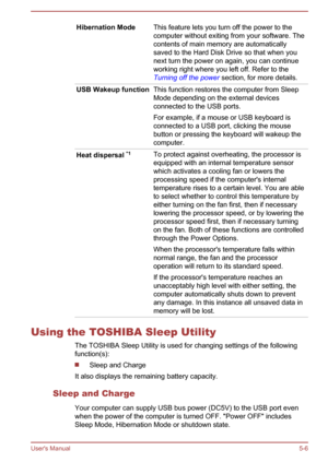 Page 86Hibernation ModeThis feature lets you turn off the power to the
computer without exiting from your software. The
contents of main memory are automatically
saved to the Hard Disk Drive so that when you next turn the power on again, you can continue
working right where you left off. Refer to the
Turning off the power  section, for more details.USB Wakeup functionThis function restores the computer from Sleep
Mode depending on the external devices
connected to the USB ports.
For example, if a mouse or USB...