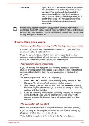 Page 105HardwareIf you cannot find a software problem, you should
then check the setup and configuration of your
hardware. First run through the items in the
preliminary checklist as described previously
then, if you still cannot correct the problem, try to identify the source - the next section provideschecklists for individual components and
peripherals.Before using a peripheral device or application software that is not an authorized TOSHIBA part or product, make sure the device or software canbe used with...