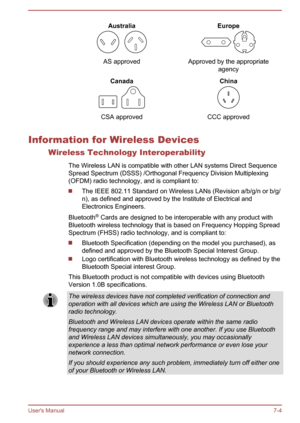 Page 121Australia
AS approved
Europe
Approved by the appropriateagency
Canada
CSA approved
China
CCC approved
Information for Wireless Devices
Wireless Technology Interoperability
The Wireless LAN is compatible with other LAN systems Direct Sequence
Spread Spectrum (DSSS) /Orthogonal Frequency Division Multiplexing (OFDM) radio technology, and is compliant to:
The IEEE 802.11 Standard on Wireless LANs (Revision a/b/g/n or b/g/
n), as defined and approved by the Institute of Electrical and
Electronics Engineers....