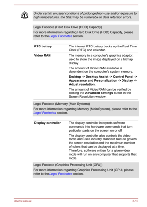Page 40Under certain unusual conditions of prolonged non-use and/or exposure to
high temperatures, the SSD may be vulnerable to data retention errors.Legal Footnote (Hard Disk Drive (HDD) Capacity)
For more information regarding Hard Disk Drive (HDD) Capacity, please
refer to the  Legal Footnotes  section.RTC batteryThe internal RTC battery backs up the Real Time
Clock (RTC) and calendar.Video RAMThe memory in a computer's graphics adaptor,
used to store the image displayed on a bitmap
display.
The amount...