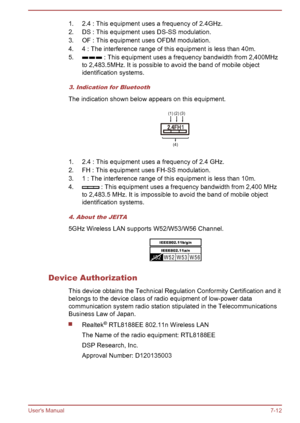 Page 1291. 2.4 : This equipment uses a frequency of 2.4GHz.
2. DS : This equipment uses DS-SS modulation.
3. OF : This equipment uses OFDM modulation.
4. 4 : The interference range of this equipment is less than 40m.
5.
 : This equipment uses a frequency bandwidth from 2,400MHz
to 2,483.5MHz. It is possible to avoid the band of mobile object
identification systems.
3. Indication for Bluetooth
The indication shown below appears on this equipment.
1. 2.4 : This equipment uses a frequency of 2.4 GHz.
2. FH : This...