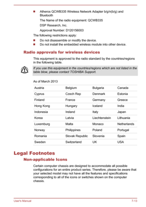 Page 130Atheros QCWB335 Wireless Network Adapter b/g/n(b/g) and
Bluetooth
The Name of the radio equipment: QCWB335
DSP Research, Inc.
Approval Number: D120156003
The following restrictions apply:
Do not disassemble or modify the device.
Do not install the embedded wireless module into other device.
Radio approvals for wireless devices This equipment is approved to the radio standard by the countries/regionsin the following table.
If you use this equipment in the countries/regions which are not listed in the...