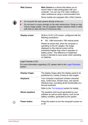 Page 38Web CameraWeb Camera is a device that allows you to
record video or take photographs with your
computer. You can use it for video chatting or video conferences using a communication tool.
Some models are equipped with a Web Camera.Do not point the web camera directly at the sun.
Do not touch or press strongly on the web camera lens. Doing so may reduce image quality. Use an eyeglass cleaner (cleaner cloth) or othersoft cloth to clean the lens if it becomes dirty.
Display screen39.6cm (15.6") LCD...