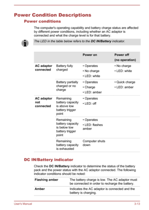 Page 43Power Condition DescriptionsPower conditions
The computer's operating capability and battery charge status are affected
by different power conditions, including whether an AC adaptor is
connected and what the charge level is for that battery.The LED in the table below refers to the  DC IN/Battery indicator.  Power onPower off
(no operation)AC adaptor
connectedBattery fully
charged• Operates
• No charge
• LED: white• No charge
• LED: whiteBattery partially
charged or no
charge• Operates
• Charge
•...