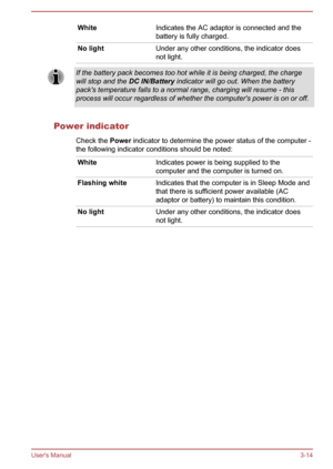 Page 44WhiteIndicates the AC adaptor is connected and the
battery is fully charged.No lightUnder any other conditions, the indicator does not light.If the battery pack becomes too hot while it is being charged, the charge
will stop and the  DC IN/Battery indicator will go out. When the battery
pack's temperature falls to a normal range, charging will resume - this
process will occur regardless of whether the computer's power is on or off.
Power indicator
Check the  Power indicator to determine the power...