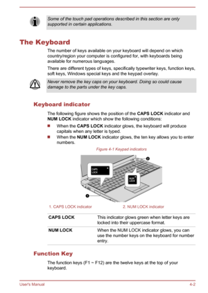 Page 46Some of the touch pad operations described in this section are only
supported in certain applications.
The Keyboard
The number of keys available on your keyboard will depend on whichcountry/region your computer is configured for, with keyboards beingavailable for numerous languages.
There are different types of keys, specifically typewriter keys, function keys, soft keys, Windows special keys and the keypad overlay.
Never remove the key caps on your keyboard. Doing so could cause
damage to the parts...