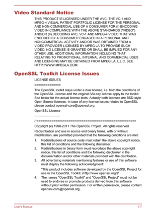 Page 10Video Standard NoticeTHIS PRODUCT IS LICENSED UNDER THE AVC, THE VC-1 ANDMPEG-4 VISUAL PATENT PORTFOLIO LICENSE FOR THE PERSONAL
AND NON-COMMERCIAL USE OF A CONSUMER FOR (I) ENCODING VIDEO IN COMPLIANCE WITH THE ABOVE STANDARDS ("VIDEO")
AND/OR (II) DECODING AVC, VC-1 AND MPEG-4 VIDEO THAT WAS ENCODED BY A CONSUMER ENGAGED IN A PERSONAL ANDNONCOMMERCIAL ACTIVITY AND/OR WAS OBTAINED FROM A
VIDEO PROVIDER LICENSED BY MPEG LA TO PROVIDE SUCH
VIDEO. NO LICENSE IS GRANTED OR SHALL BE IMPLIED FOR ANY...