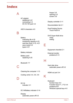 Page 138IndexAAC adaptoradditional 4-41
connecting 2-3
DC IN 19V jack 3-2
 
ASCII characters 4-5
B Batteryextending life 4-25
monitoring capacity 4-23
real time clock 3-10, 4-21
save mode 5-5
types 4-21
 
Battery indicator 
Battery pack replacing 4-25
 
Bluetooth 7-7
C Cleaning the computer 1-13
Cooling vents 3-4, 3-6, 3-9
D DC INindicator 3-1
 
DC IN/Battery indicator 3-14
Display automatic power off 5-5hinges 3-8
opening 2-5
screen 3-8
 
Display controller 3-11
Documentation list 2-1
Dual Pointing Device Touch...
