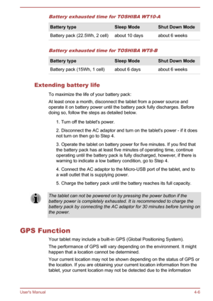 Page 46Battery exhausted time for TOSHIBA WT10-ABattery type
Sleep Mode Shut Down Mode
Battery pack (22.5Wh, 2 cell) about 10 days about 6 weeks
Battery exhausted time for TOSHIBA WT8-B Battery type
Sleep Mode Shut Down Mode
Battery pack (15Wh, 1 cell) about 6 days about 6 weeks Extending battery life
To maximize the life of your battery pack:
At least once a month, disconnect the tablet from a power source and
operate it on battery power until the battery pack fully discharges. Before
doing so, follow the...