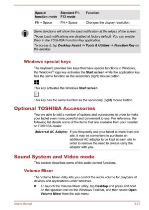 Page 61Special
function mode
Standard F1-
F12 modeFunction
FN + Space FN + Space Changes the display resolution. Some functions will show the toast notification at the edges of the screen.
Those toast notifications are disabled at factory default. You can enable
them in the TOSHIBA Function Key application.
To access it, tap Desktop Assist -> Tools & Utilities
 -> Function Key on
the desktop.
Windows special keys The keyboard provides two keys that have special functions in Windows,
the Windows ®
 logo key...