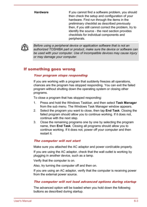 Page 72Hardware
If you cannot find a software problem, you should
then check the setup and configuration of your
hardware. First run through the items in the
preliminary checklist as described previously
then, if you still cannot correct the problem, try to
identify the source - the next section provides
checklists for individual components and
peripherals. Before using a peripheral device or application software that is not an
authorized TOSHIBA part or product, make sure the device or software can
be used...