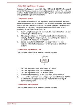 Page 88Using this equipment in Japan
In Japan, the frequency bandwidth of 2,400MHz to 2,483.5MHz for second
generation low-power data communication systems such as this equipment
overlaps that of mobile object identification systems (premises radio station
and specified low-power radio station).
1. Important notice
The frequency bandwidth of this equipment may operate within the same
range as industrial devices, scientific devices, medical devices, microwave
ovens, licensed radio stations and non-licensed...