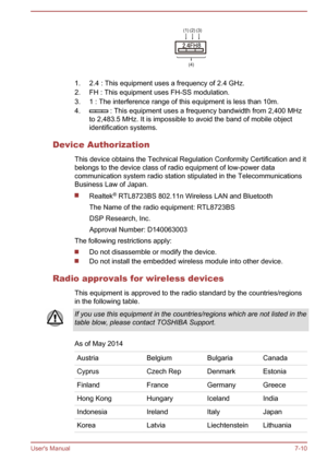 Page 891. 2.4 : This equipment uses a frequency of 2.4 GHz.
2.
FH : This equipment uses FH-SS modulation.
3. 1 : The interference range of this equipment is less than 10m.
4.  : This equipment uses a frequency bandwidth from 2,400 MHz
to 2,483.5 MHz. It is impossible to avoid the band of mobile object
identification systems.
Device Authorization This device obtains the Technical Regulation Conformity Certification and it
belongs to the device class of radio equipment of low-power data
communication system radio...