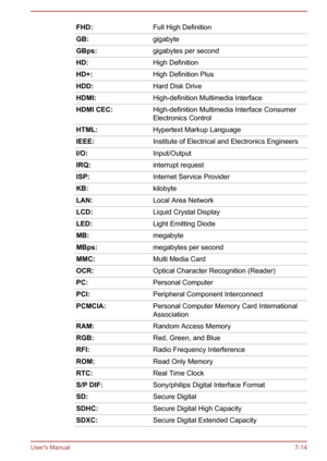 Page 93FHD:
Full High DefinitionGB:
gigabyteGBps:
gigabytes per secondHD:
High DefinitionHD+:
High Definition PlusHDD:
Hard Disk DriveHDMI:
High-definition Multimedia InterfaceHDMI CEC:
High-definition Multimedia Interface Consumer
Electronics ControlHTML:
Hypertext Markup LanguageIEEE:
Institute of Electrical and Electronics EngineersI/O:
Input/OutputIRQ:
interrupt requestISP:
Internet Service ProviderKB:
kilobyteLAN:
Local Area NetworkLCD:
Liquid Crystal DisplayLED:
Light Emitting DiodeMB:
megabyteMBps:...