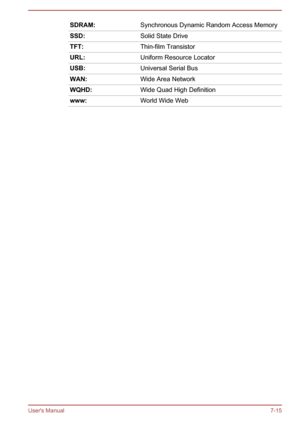 Page 94SDRAM:
Synchronous Dynamic Random Access MemorySSD:
Solid State DriveTFT:
Thin-film TransistorURL:
Uniform Resource LocatorUSB:
Universal Serial BusWAN:
Wide Area NetworkWQHD:
Wide Quad High Definitionwww:
World Wide WebUser's Manual
7-15 