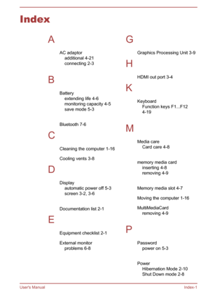Page 95Index
AAC adaptoradditional 
4-21
connecting 2-3
 
B Batteryextending life 4-6
monitoring capacity 4-5
save mode 5-3
 
Bluetooth 7-6
C Cleaning the computer 1-16
Cooling vents 3-8
D Displayautomatic power off 5-3
screen 3-2, 3-6
 
Documentation list 2-1
E Equipment checklist 2-1
External monitorproblems 6-8
  G
Graphics Processing Unit  3-9
H HDMI out port 3-4
K KeyboardFunction keys F1...F12 
4-19
 
M Media careCard care 4-8
 
memory media card inserting 4-8
removing 4-9
 
Memory media slot 4-7
Moving...