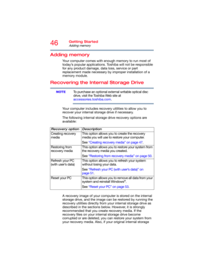 Page 4646Getting Started
Adding memory
Adding memory
Your computer comes with enough memory to run most of 
today’s popular applications. Toshiba will not be responsible 
for any product damage, data loss, service or part 
replacement made necessary by improper installation of a 
memory module.
Recovering the Internal Storage Drive
To purchase an optional external writable optical disc 
drive, visit the Toshiba Web site at 
accessories.toshiba.com.
Your computer includes recovery utilities to allow you to...