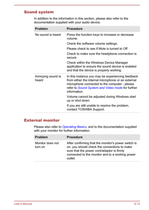 Page 117Sound systemIn addition to the information in this section, please also refer to thedocumentation supplied with your audio device.ProblemProcedureNo sound is heardPress the function keys to increase or decreasevolume.
Check the software volume settings.
Please check to see if Mute is turned to Off Check to make sure the headphone connection is
secure.
Check within the Windows Device Manager
application to ensure the sound device is enabled
and that the device is properly working.Annoying sound is
heardIn...