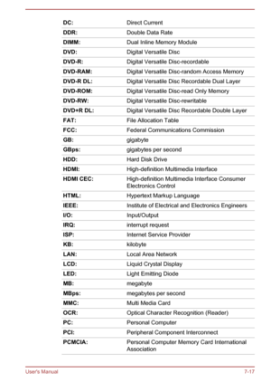Page 137DC:Direct CurrentDDR:Double Data RateDIMM:Dual Inline Memory ModuleDVD:Digital Versatile DiscDVD-R:Digital Versatile Disc-recordableDVD-RAM:Digital Versatile Disc-random Access MemoryDVD-R DL:Digital Versatile Disc Recordable Dual LayerDVD-ROM:Digital Versatile Disc-read Only MemoryDVD-RW:Digital Versatile Disc-rewritableDVD+R DL:Digital Versatile Disc Recordable Double LayerFAT:File Allocation TableFCC:Federal Communications CommissionGB:gigabyteGBps:gigabytes per secondHDD:Hard Disk...