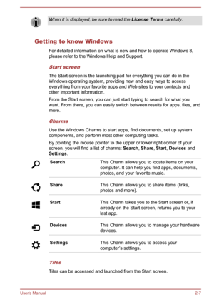 Page 25When it is displayed, be sure to read the License Terms carefully.
Getting to know Windows
For detailed information on what is new and how to operate Windows 8,please refer to the Windows Help and Support.
Start screen
The Start screen is the launching pad for everything you can do in the
Windows operating system, providing new and easy ways to access
everything from your favorite apps and Web sites to your contacts and
other important information.
From the Start screen, you can just start typing to...