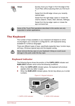 Page 49SwipeQuickly move your finger in from the edge of the
Touch Pad, without pausing when you first touch
it.
Swipe from the left edge: shows your recently
opened apps.
Swipe from the right edge: opens or closes the charms (Search, Share, Start, Devices, Settings).
Swipe from the top edge: opens or closes the
app command bar.Some of the Touch Pad operations described in this section are only
supported in certain applications.
The Keyboard
The number of keys available on your keyboard will depend on...