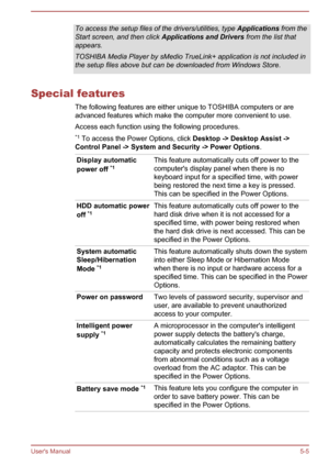 Page 94To access the setup files of the drivers/utilities, type Applications from the
Start screen, and then click  Applications and Drivers from the list that
appears.
TOSHIBA Media Player by sMedio TrueLink+ application is not included in
the setup files above but can be downloaded from Windows Store.
Special features
The following features are either unique to TOSHIBA computers or are
advanced features which make the computer more convenient to use.
Access each function using the following procedures. *1  To...