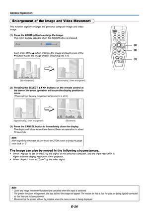 Page 27E-26
General Operation
Enlargement of the Image and Video Movement
This function digitally enlarges the personal computer image and video
image.
(1) Press the ZOOM button to enlarge the image.
The zoom display appears when the ZOOM button is pressed.
Each press of the  button enlarges the image and each press of the
 button makes the image smaller (returning it to 1:1).
(No enlargement) (Approximately 2 times enlargement)
The image can also be moved in the following circumstances.
•When “Aspect” is set...