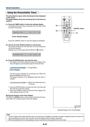 Page 28E-27
General Operation
Using the Presentation Timer
Note:
*The timer display will be closed while the menu or the quick menu is displayed, and while a message is displayed; however, the timer will
still be operating at such times. Also, the timer will not be displayed unless a signal is being input.
*While the presentation timer is being displayed, screen movement will not be possible in the zoom mode.
[Timer settings display] The presentation is given while checking the timer displayed
on the screen....