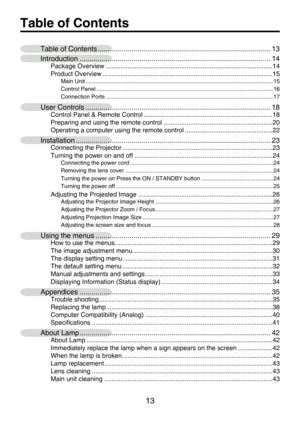 Page 12
13

Table of Contents
Table of Contents .......................................................................................13
Introduction ................................................................................................14Package Overview  .............................................................................................14
Product Overview ...............................................................................................15Main Unit...