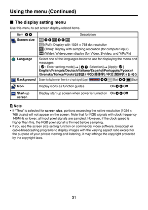 Page 30
31

The display setting menu

Use this menu to set screen display-related items.

Item  
Description

Screen size

 (Full): Display with 1024 × 768 dot resolution

 (Thru): Display with sampling resolution (for computer input)

 (Wide): Wide-screen display (for Video, S-video, and Y/P
B
/P
R
)

Language
Select one of the languages below to use for displaying the menu and 

messages

[ 
 : Enter setting mode] 
 [
:Selection]
[Apply: 
 ]

English/Français/Deutsch/Italiano/Español/Português
/...