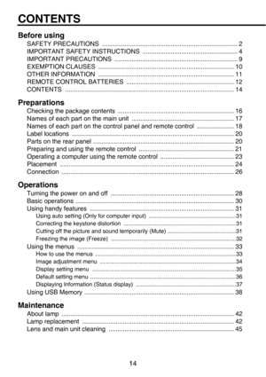 Page 1414
CONTENTS
Before using
SAFETY PRECAUTIONS  ............................................................................. 2
IMPORTANT SAFETY INSTRUCTIONS  ...................................................... 4
IMPORTANT PRECAUTIONS  ...................................................................... 9
EXEMPTION CLAUSES  ............................................................................. 10
OTHER INFORMATION  ............................................................................. 11...