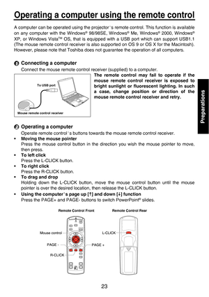 Page 2323
Preparations
Operating a computer using the remote control
A computer can be operated using the projector's remote control. This function is available
on any computer with the Windows® 98/98SE, Windows® Me, Windows® 2000, Windows®
XP, or Windows VistaTM OS, that is equipped with a USB port which can support USB1.1
(The mouse remote control receiver is also s upported on OS 9 or OS X for the Macintosh).
However, please note that Toshiba does  not guarantee the operation of all computers.
Connecting...