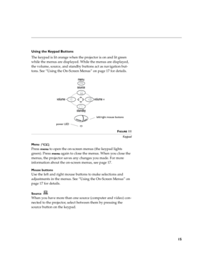 Page 1915
Using the Keypad Buttons
The keypad is lit orange when the projector is on and lit green 
while the menus are displayed. While the menus are displayed, 
the volume, source, and standby buttons act as navigation but-
tons. See “Using the On-Screen Menus” on page 17 for details.
FIGURE 11
Keypad
Menu 
Press menu to open the on-screen menus (the keypad lights 
green). Press 
menu again to close the menus. When you close the 
menus, the projector saves any changes you made. For more 
information about the...