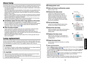 Page 2039
Maintenance
38
1
Unplug power cord.
2
Wait until lamp is sufficiently cooled.Wait for at least 1 hour.
3
Remove the lamp cover.Loosen the 2 screws, then pull up to the
direction of the arrow with your fingers as
shown to remove the lamp cover. Use care to
av oid any damage to nails and/or tip of your
finger(s). If you have any difficulty in removal,
y ou can use a screwdriver or any other smaller
tool for your convenience.
4
Pull out the lamp.Loosen the 2 screws holding the lamp in place,
and pull up...