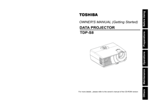 Page 1
OWNERS MANUAL (Getting Started)
DATA  PROJECT OR
TDP-S8
For more details , please refer to the owners manual of the CD-ROM vers\
ion
Other
s
Maintenance
Operations
Preparations
Bef
ore Using 