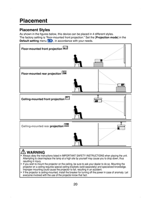 Page 20
20

Placement
Placement Styles
As shown in the ﬁgures below, this device can be placed in 4 different styles.
The factory setting is “ﬂoor-mounted front projection.” Set the [
Projection mode] in the 
Default setting menu p.33, in accordance with your needs.
 WARNING•  Always obey the instructions listed in IMPORTANT SAFETY INSTRUCTIONS when placing the unit. Attempting to clean/replace the lamp at a high site by yourself may cause you to drop down, thus resulting in injury.
•  If you wish to mount the...