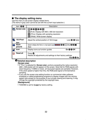 Page 32
32

■  The display setting menu
Use this menu to set screen display-related items.(The items in gray color cannot be set with the current input selection.)
Item   Description
Screen size      
 (Full): Display with 800 × 600 dot resolution
 (Thru): Display with sampling resolution
 (Wide): Wide-screen display
16:9 Posi-
tionAdjust the vertical position of 16:9 image                     
Lower    Higher 
Back-
groundScreen to display when there is n o input signal (Logo)     (Blue)    
(Black)...