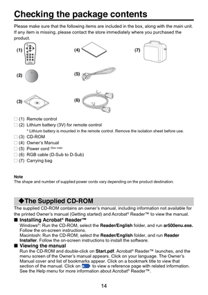 Page 14
14

 

 The Supplied CD-ROM
The supplied CD-ROM contains an owner’s manual, including information not available for
the printed Owner’s manual (Getting started) and Acrobat® Reader™ to view the manual.
■ Installing Acrobat® Reader™
Windows®: Run the CD-ROM, select the  Reader/English folder, and run ar500enu.exe.
Follow the on-screen instructions.
Macintosh: Run the CD-ROM, select the  Reader/English folder, and run Reader
Installer . Follow the on-screen instructions to install the software....