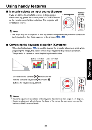 Page 25
25
Operations
■Manually selects an input source (Source)
If you are connecting multiple sources to the projector
simultaneously, press the control panel’s SOURCE button
or the remote control’s Source button. The projector will
detect your source.
Note
•The image may not be projected or auto adjustment/setting may not be per\
formed correctly for
input signals other than those supported by the projector 
p.40, p.41.
■ Correcting the keystone distortion (Keystone)
When the foot adjuster p.24 is used to...