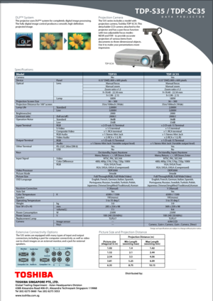 Page 2
TDP-S35 / TDP-SC35
DLP™ SystemThe projector uses DLP™ system for completely digital image processing.  The fully digital image control produces a smooth, high-definition projected image. 
Projection CameraThe S35 series includes a model with  projection camera, Toshiba TDP-SC35. This detachable CCD camera attached to the projector and has a pan-focus function with two adjustable focus modes - NEAR and FAR - to provide accurate projection of various items from documents to three-dimensional objects.  Use...