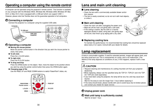 Page 1631
Maintenance
30
Lens cleaning•Clean the lens with a commercially available blower and/or
lens cleaner.
•The lens is easily scratched, so do not rub it with hard objects,
or strike it.Main unit cleaning•Clean the main unit after unplugging the power cord.
•Wipe dirt off the main unit gently with a soft cloth.
•If the soiling is severe, dip the cloth in a neutral
detergent diluted in water, wring well, and gently wipe
off the dirt, then finish up by wiping with a dry cloth.Replacing cooling fans
To...